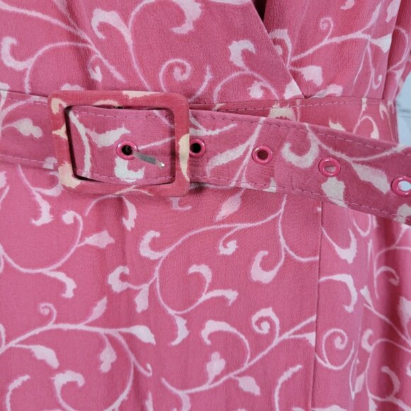 Papillon Pink 100% Silk Leaf Print Short Sleeve Belted Lined Long Wrap Dress 16 - Picture 11 of 14